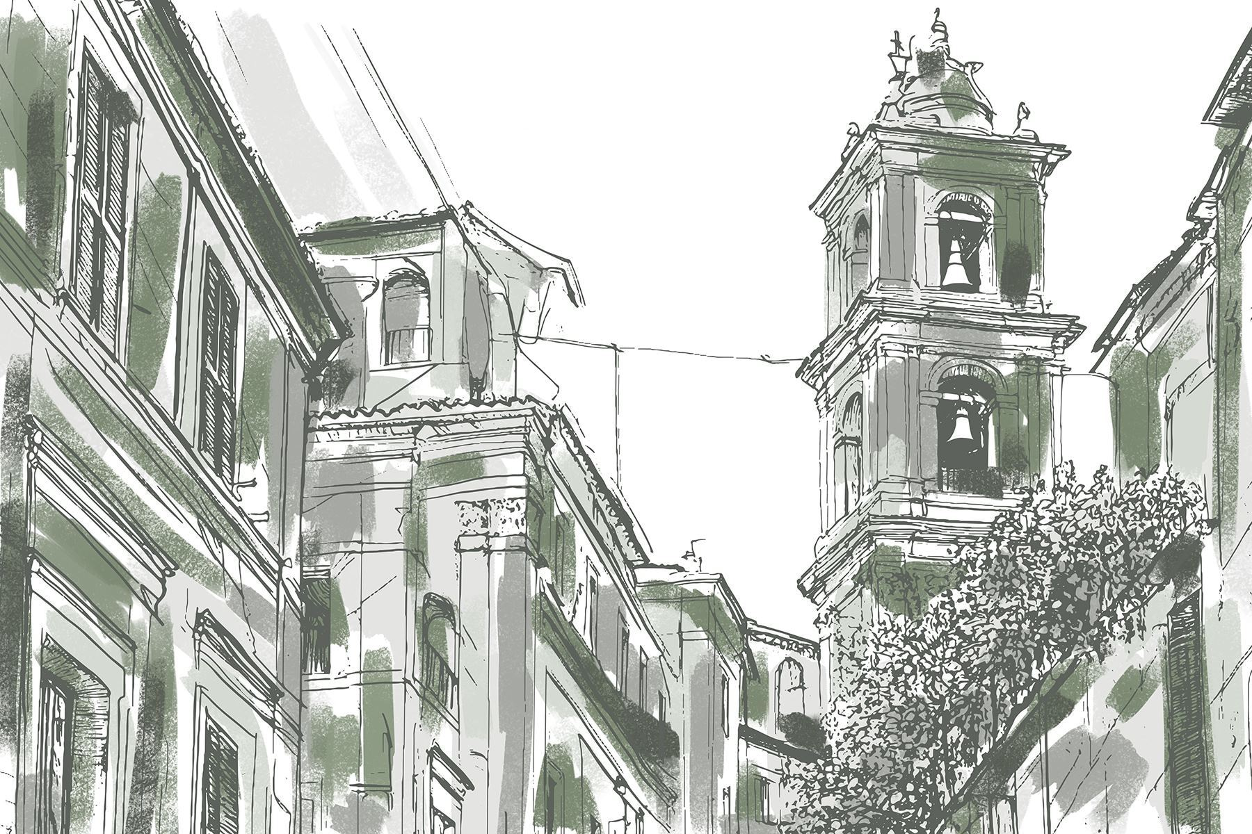 Drawing of a building with bells