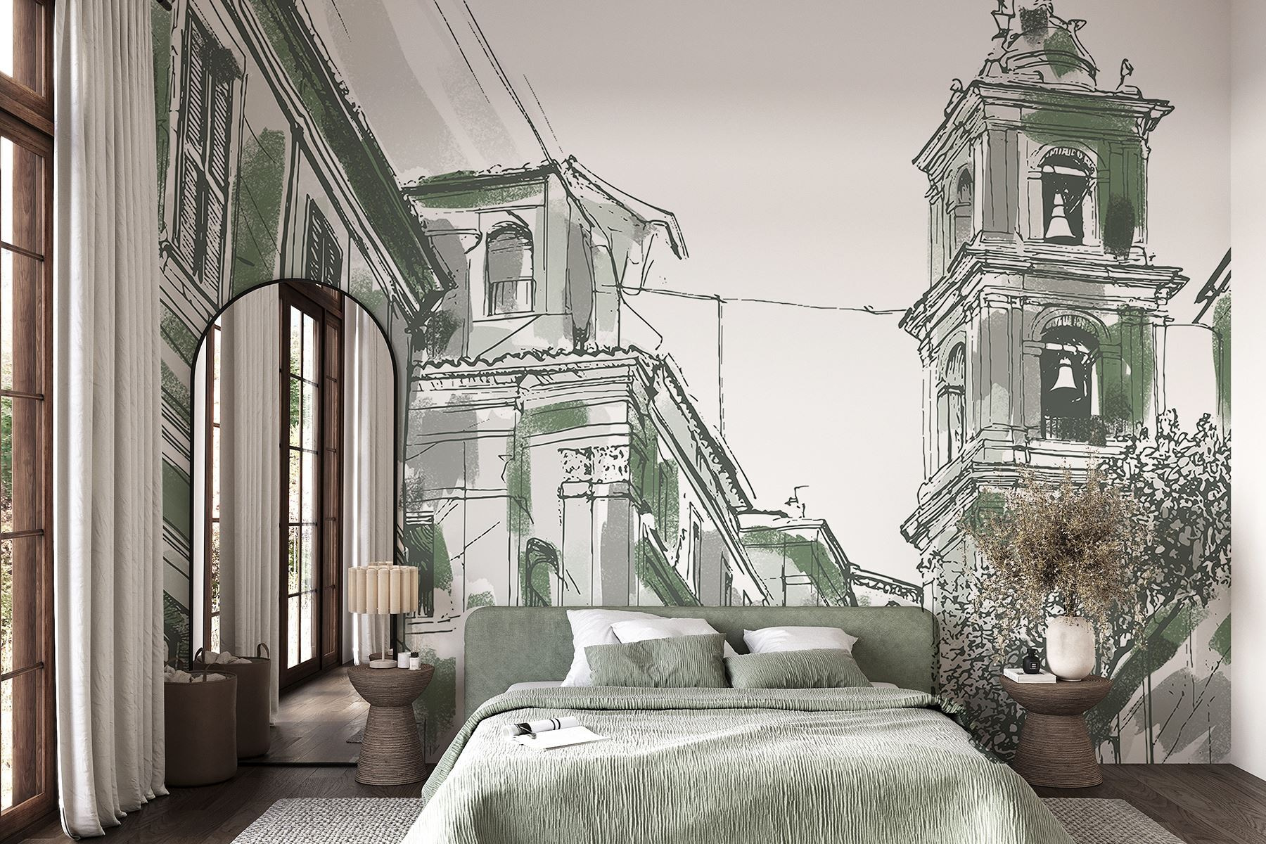 Drawing of a building with bells