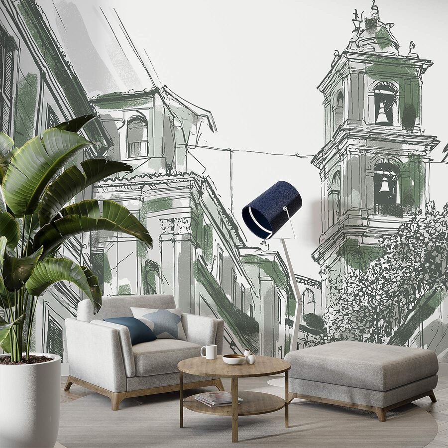 Desenho de um edifício com sinos