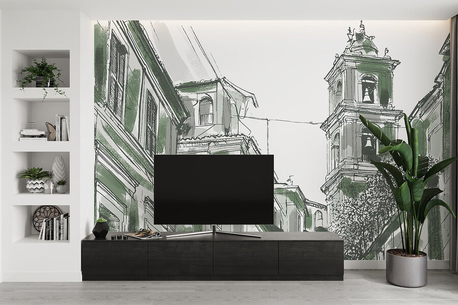 Desenho de um edifício com sinos