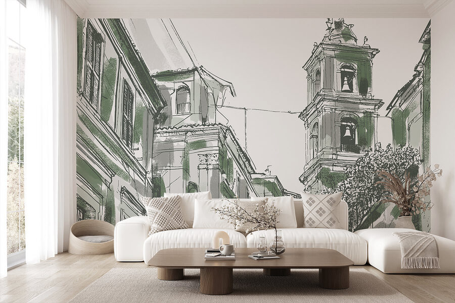 Desenho de um edifício com sinos