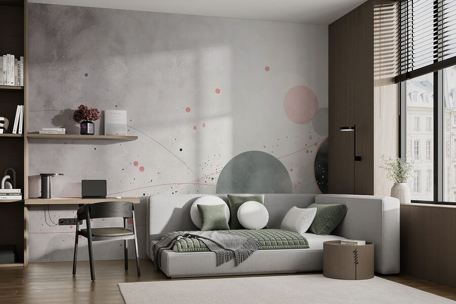 Papel de parede Círculos e linhas cinzentos e cor-de-rosa