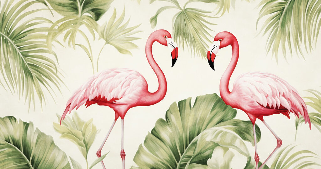 Casal de flamingos cor-de-rosa com folhas verdes Casal de flamingos cor-de-rosa com folhas verdes