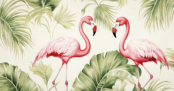 Casal de flamingos cor-de-rosa com folhas verdes Casal de flamingos cor-de-rosa com folhas verdes