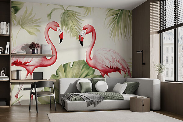 Casal de flamingos cor-de-rosa com folhas verdes Casal de flamingos cor-de-rosa com folhas verdes