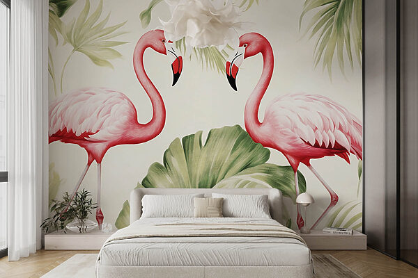 Casal de flamingos cor-de-rosa com folhas verdes Casal de flamingos cor-de-rosa com folhas verdes