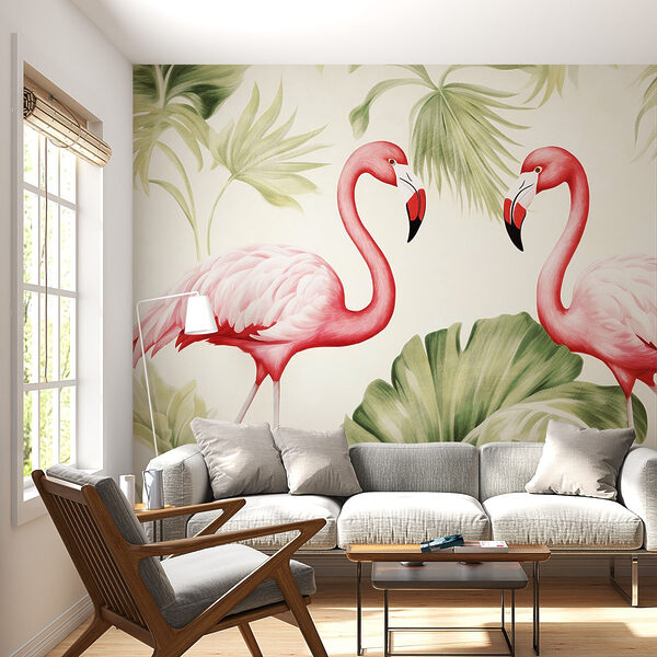 Casal de flamingos cor-de-rosa com folhas verdes Casal de flamingos cor-de-rosa com folhas verdes