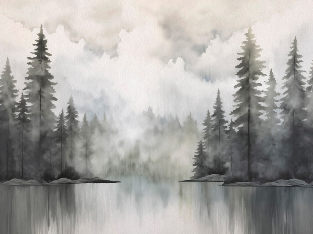Pintura a aguarela de uma floresta e um lago Pintura a aguarela de uma floresta e um lago