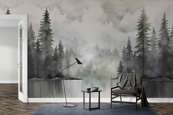 Pintura a aguarela de uma floresta e um lago Pintura a aguarela de uma floresta e um lago