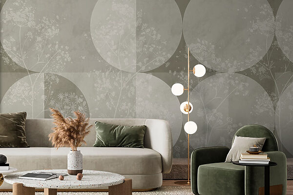 Fundo cinzento e branco com círculos e flores Fundo cinzento e branco com círculos e flores