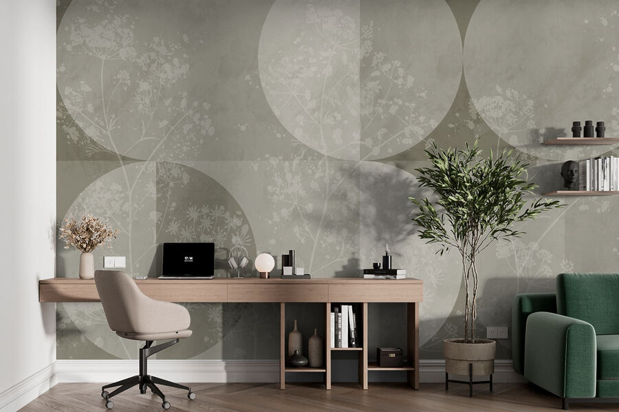 Fundo cinzento e branco com círculos e flores