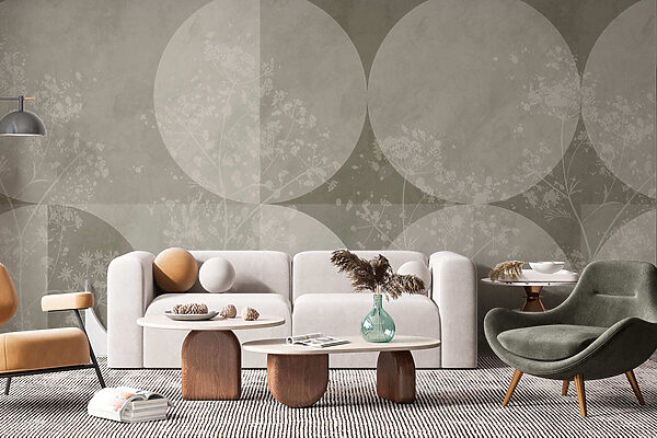 Fundo cinzento e branco com círculos e flores Fundo cinzento e branco com círculos e flores