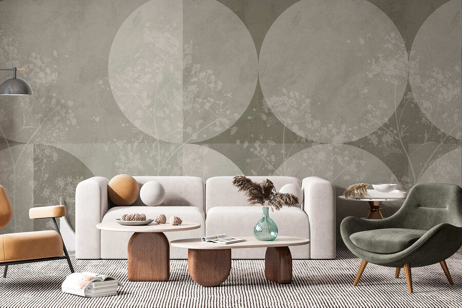 Fundo cinzento e branco com círculos e flores