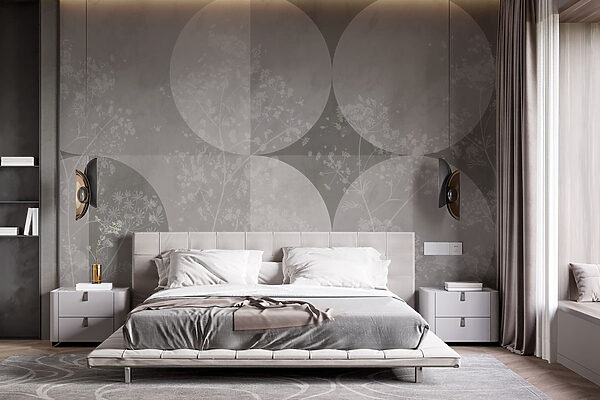 Grey and white background with circles and flowers