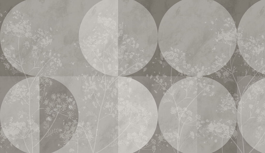 Papel de parede cinzento e branco com círculos e flores brancas Papel de parede cinzento e branco com círculos e flores brancas
