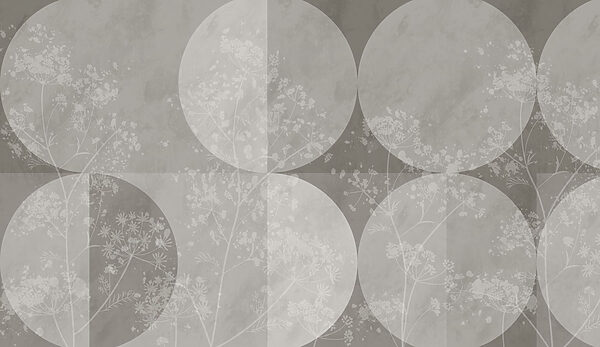 Papel de parede cinzento e branco com círculos e flores brancas Papel de parede cinzento e branco com círculos e flores brancas