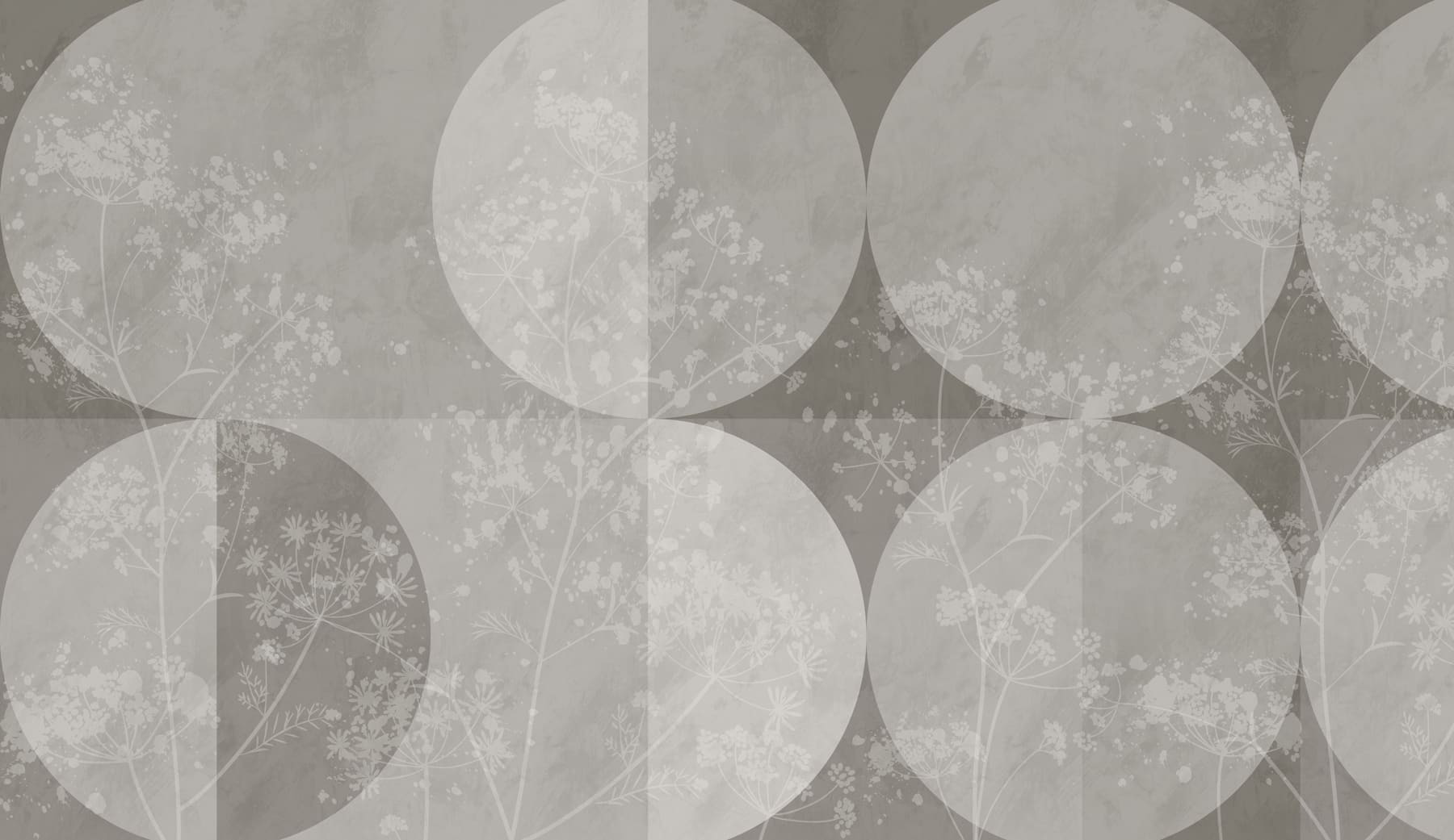 Grey and white wallpaper with white circles and flowers