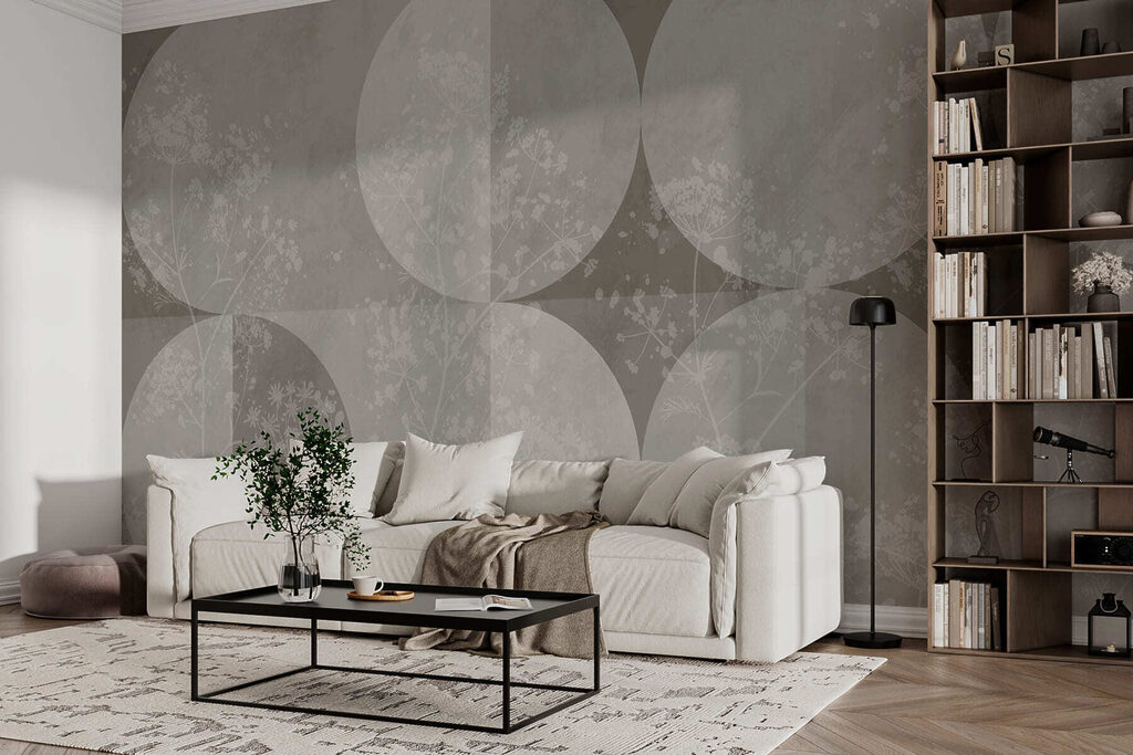Grey and white wallpaper with white circles and flowers