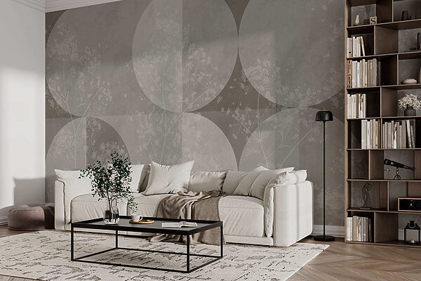 Papel de parede cinzento e branco com círculos e flores brancas Papel de parede cinzento e branco com círculos e flores brancas