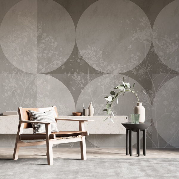 Papel de parede cinzento e branco com círculos e flores brancas Papel de parede cinzento e branco com círculos e flores brancas