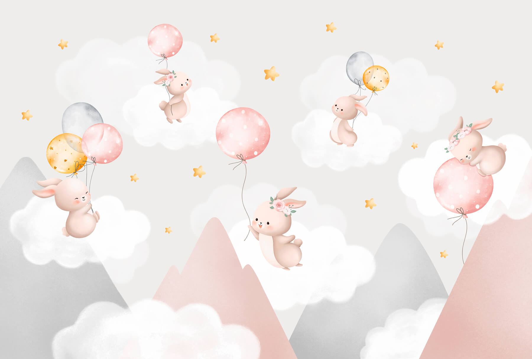 Group of bunnies holding balloons in the sky