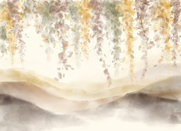 Painting of a landscape with leaves from the ceiling