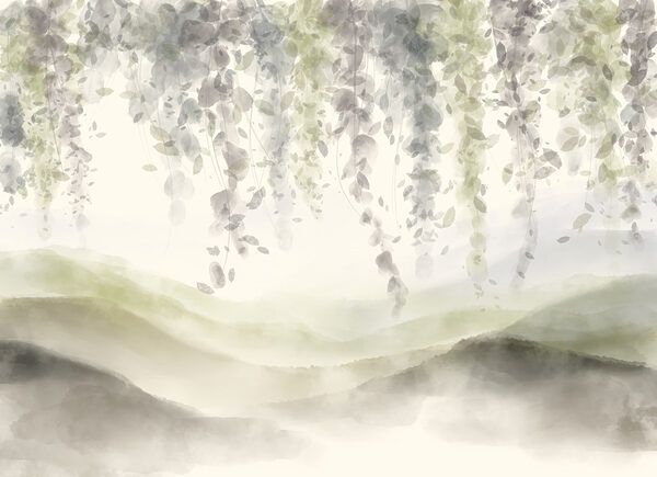 Painting of a landscape with leaves from the ceiling