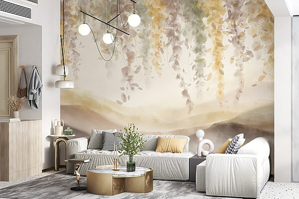 Painting of a landscape with leaves from the ceiling