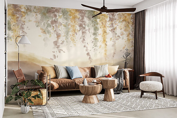 Painting of a landscape with leaves from the ceiling