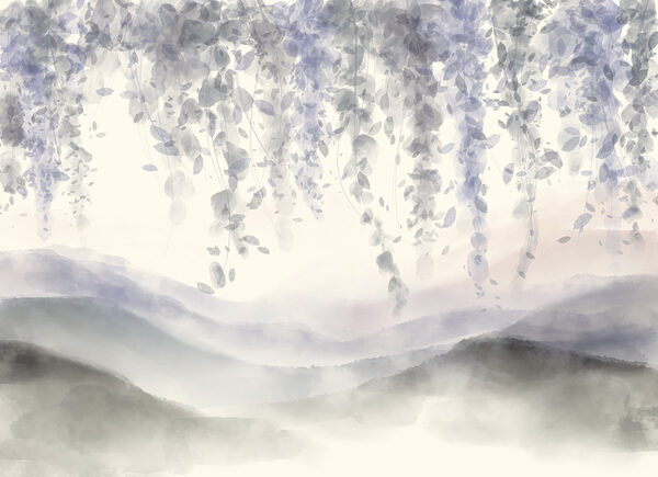 Pintura de uma paisagem com nevoeiro e folhas Pintura de uma paisagem com nevoeiro e folhas