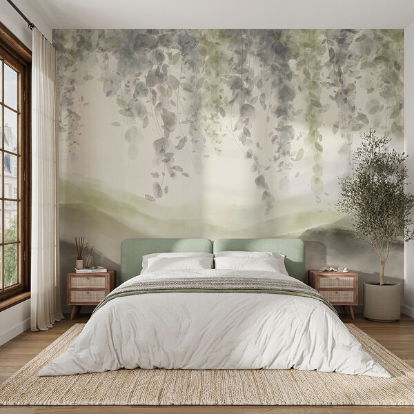 Painting of a landscape with leaves from the ceiling