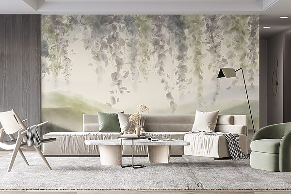 Painting of a landscape with leaves from the ceiling