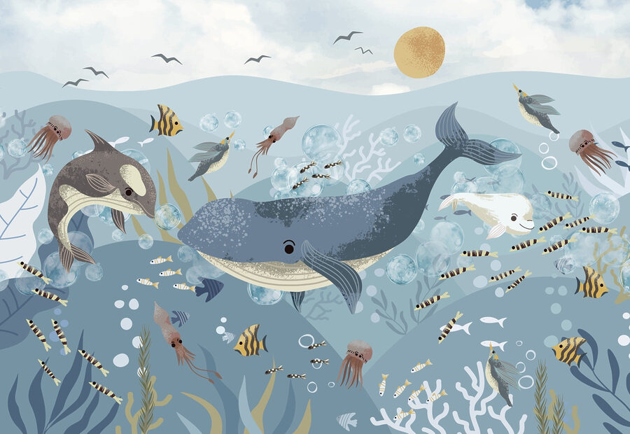 Papel de parede Grupo de peixes e baleias a nadar no oceano - Image 7