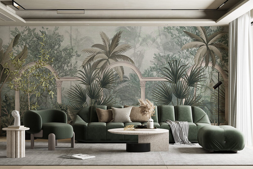 Wallpaper with palm trees and a balcony