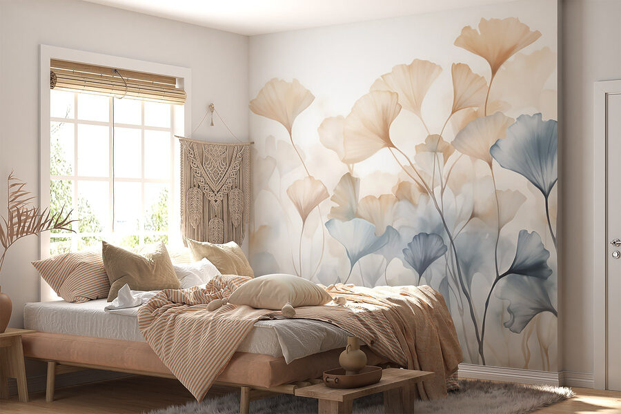 Pintura de flores com folhas