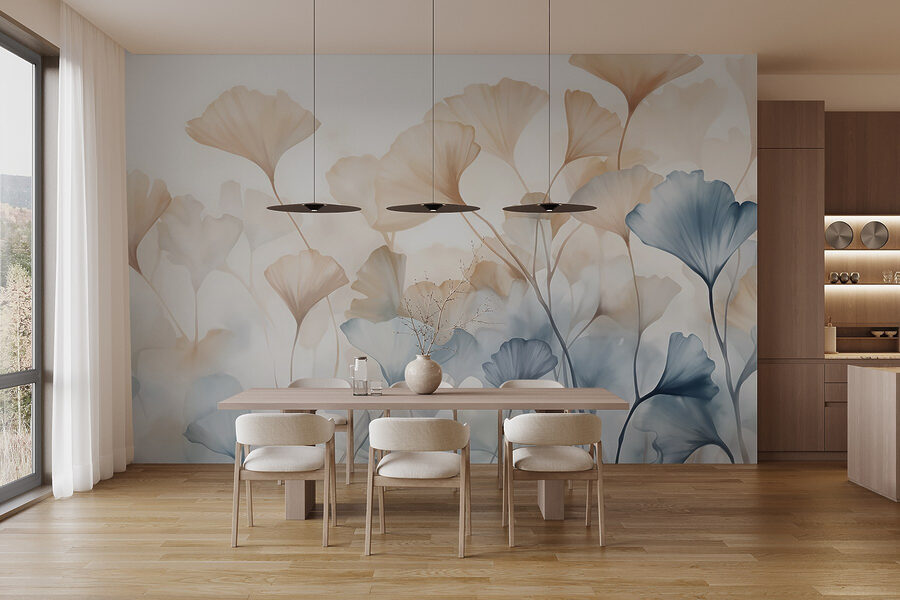 Pintura de flores com folhas