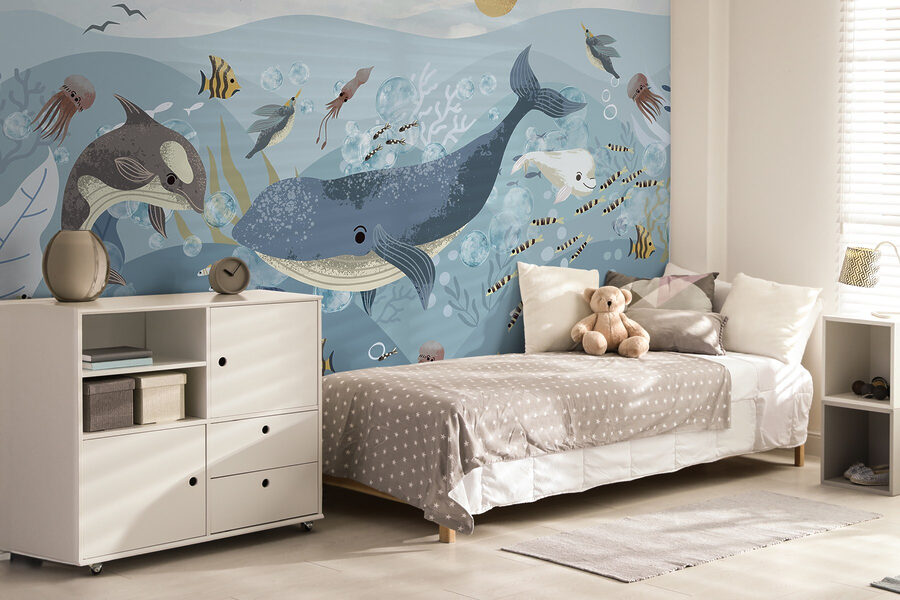 Papel de parede Grupo de peixes e baleias a nadar no oceano - Image 2