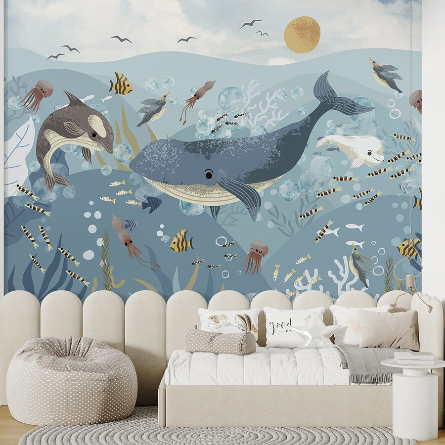Papel de parede Grupo de peixes e baleias a nadar no oceano - Image 6