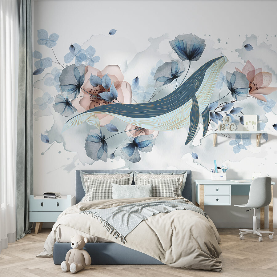 Baleia com flores e folhas