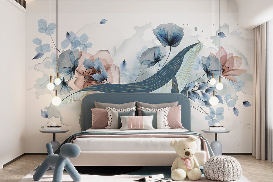 Baleia com flores e folhas