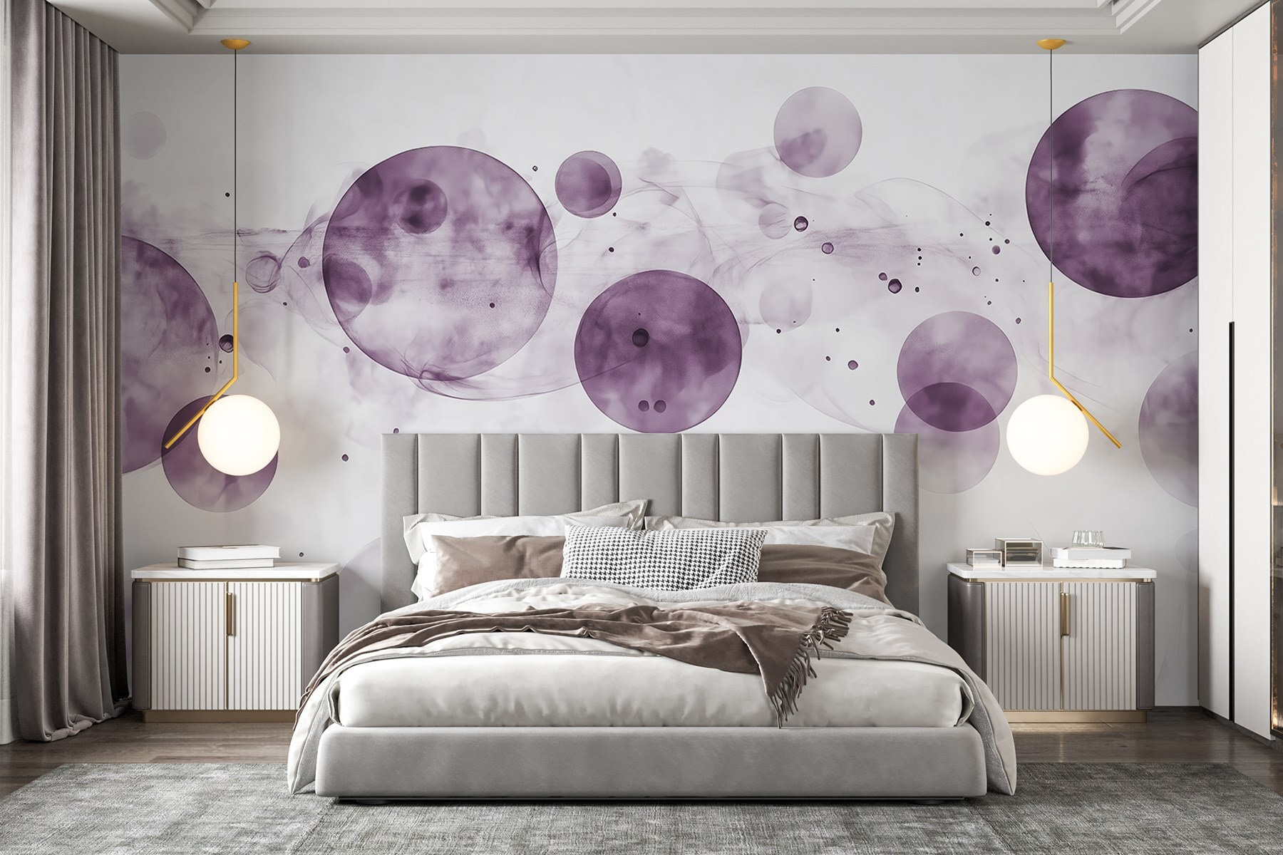 Purple circles and smoke on a white background