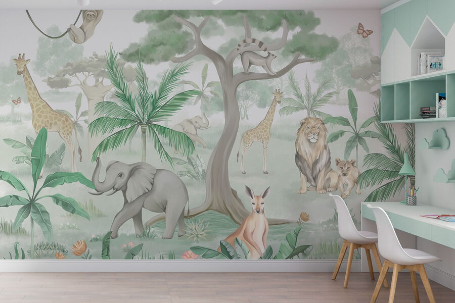 Papel de parede com animais e árvores