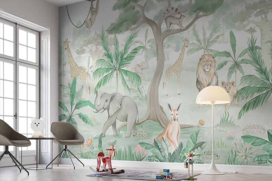 Papel de parede com animais e árvores
