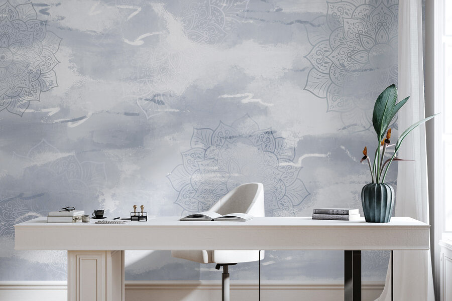 Fundo cinzento e branco com padrões brancos e cinzentos