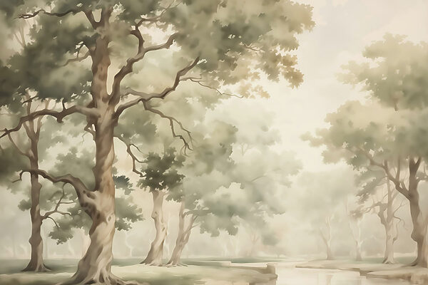Pintura a aguarela de árvores e um rio Pintura a aguarela de árvores e um rio