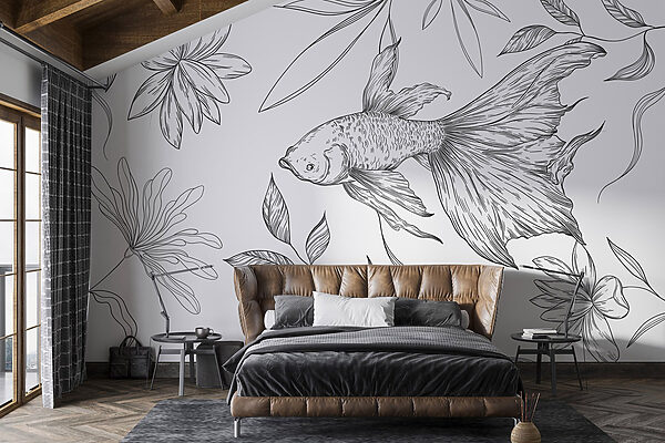 Desenho a preto e branco de um peixe e de plantas Desenho a preto e branco de um peixe e de plantas