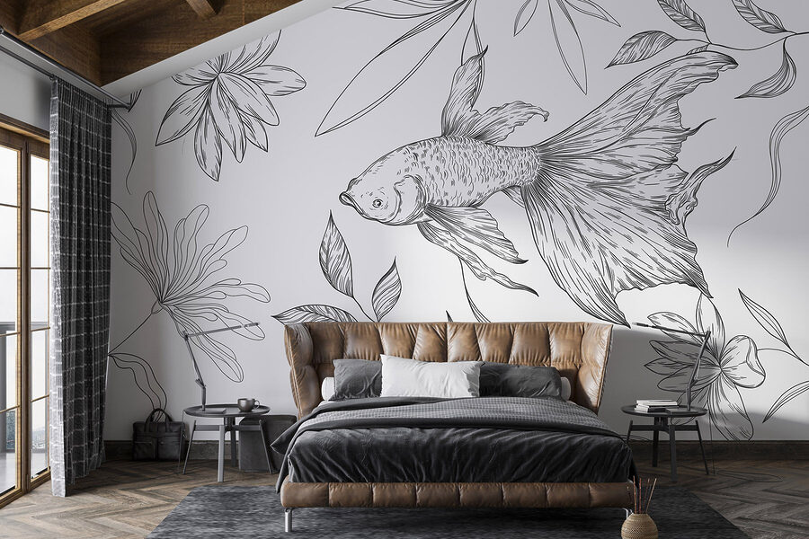 Desenho a preto e branco de um peixe e de plantas Desenho a preto e branco de um peixe e de plantas