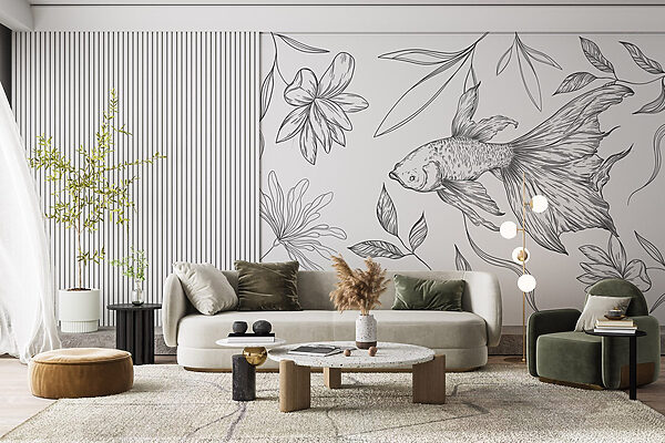Desenho a preto e branco de um peixe e de plantas Desenho a preto e branco de um peixe e de plantas
