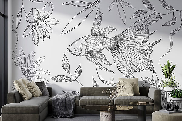 Desenho a preto e branco de um peixe e de plantas Desenho a preto e branco de um peixe e de plantas