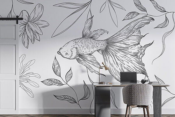 Desenho a preto e branco de um peixe e de plantas Desenho a preto e branco de um peixe e de plantas